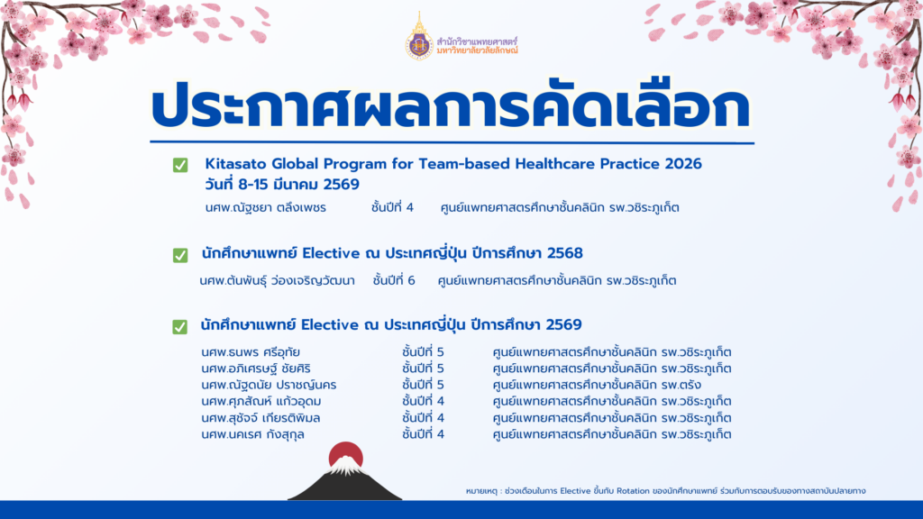ประกาศผลการคัดเลือกนักศึกษาแพทย์แลกเปลี่ยนประเทศญี่ปุ่น